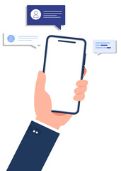 Businessman hand touching mobile phone and using app illustrious