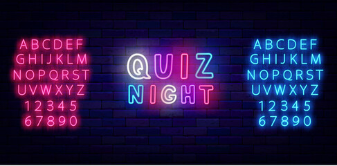 Quiz night neon label. Multicolored handwritten text. Luminous blue and pink alphabet. Vector stock illustration