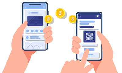 Mobile money transfer with hand holding mobile phone.Transfer money by online internet banking all around the world illustration.