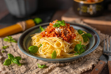 Homemade bio pasta bolognese