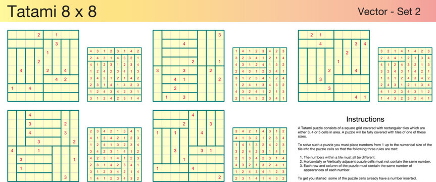 5 Tatami 8 x 8 Puzzles. A set of scalable puzzles for kids and adults, which are ready for web use or to be compiled into a standard or large print activity book.