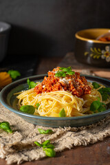 Homemade bio pasta bolognese - 592330810