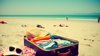 Fototapeta na wymiar Essentials for a perfect beach day. Luggage and accessories. Generative AI