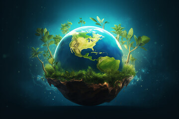 Planet earth covered by plants, symbol of environmental protection. Earth Day concept. Generative AI