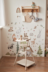 Children's educational wooden toys. Nursery decor. Scandinavian style playroom