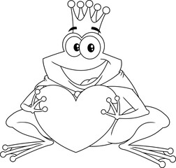 Outlined Frog Prince With Gold Crown Cartoon Character Holding A Love Heart. Vector Hand Drawn Illustration Isolated On Transparent Background