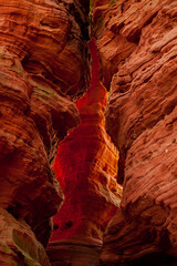 At sunset glowing rock formation Altschlossfelsen in palatinate forest, Germany. Spring in the Pfaelzerwald.