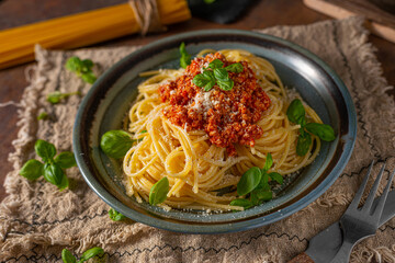 Homemade bio pasta bolognese