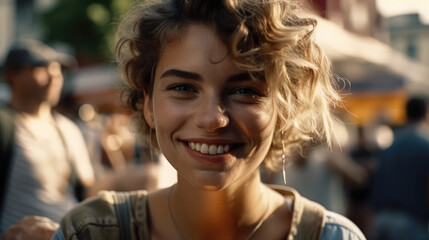 Beautiful cute young woman looking at camera while having good time in a terrace bar. Generative AI