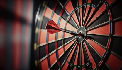 Close up shot red darts arrows in the dartboard with Generative AI Technology