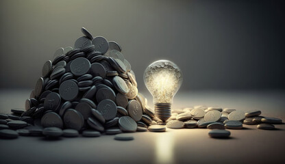 Light bulb and pile of coins copy space with Generative AI Technology