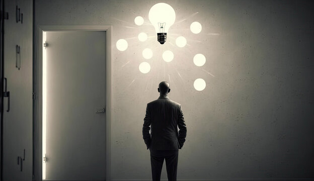 Business man looking at bright light bulb in the wall with Generative AI Technology