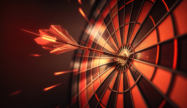 Close up shot red darts arrows in the dartboard with Generative AI Technology