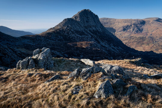 Last light on Tryfan viewed from Glyder Fach, The Glyderau, Snowdonia National Park, Eryri, North Wales