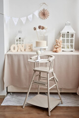 Happy birthday party background. Birthday decor and cake. One year celebration