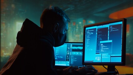 Computer Hacker in Hoodie. Obscured Dark Face. Concept of Hacker Attack, Virus Infected Software, Dark Web and Cyber Security.