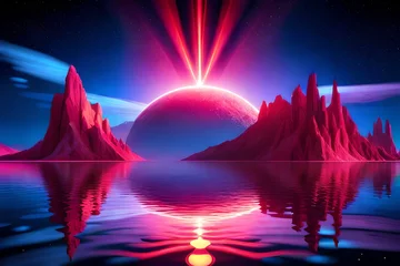 Keuken foto achterwand Bordeaux 3d render, abstract neon background with glowing laser ring, crystals under the starry night sky and reflection in the water. Fantasy cosmic landscape
