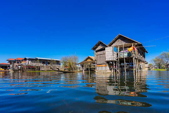 Stilt houses in village on Lake Inle, Shan State, Myanmar