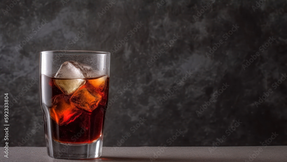 Poster cola with ice cubes. glass of cola with ice cubes, soft drink. copy space. generative ai