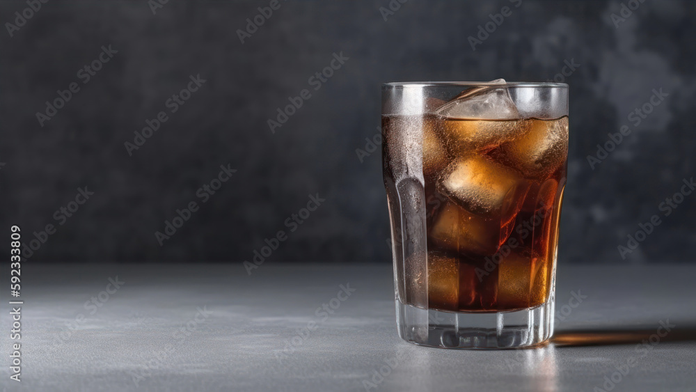 Poster cola with ice cubes. glass of cola with ice cubes, soft drink. copy space. generative ai