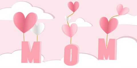 Sending Love to Mom Card, Mother's Day Paper-cut Heart Balloons with Clouds Design Vector Banner.