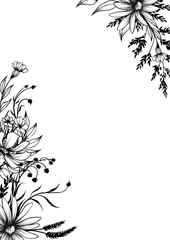 Floral frame with decorative hand drawn herbs and flowers. Black and white vector illustration.