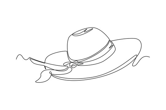 Continuous one line drawing women's beach hat. Summer beach concept. Single line draw design vector graphic illustration.