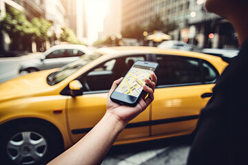 Calling a taxi through a mobile application. Hand holding mobile phone with open map. Generative AI