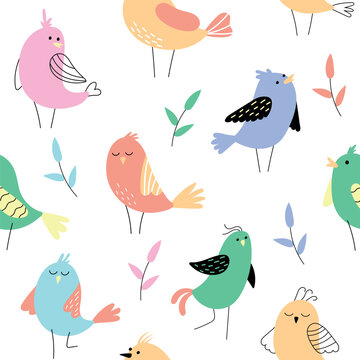 Colorful doodle bird seamless pattern. Collection of flat hand drawn birds. Cute background for textile print, wrapping paper. vector illustration.