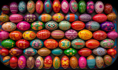 Fototapeta na wymiar Colorful Easter eggs background. Top view easter eggs texture pattern. Easter poster and banner template with Easter eggs. Generative AI.