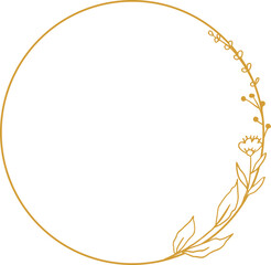 Elegant golden circle floral border with hand drawn leaves and flowers for wedding invitation, thank you card, logo, greeting card
