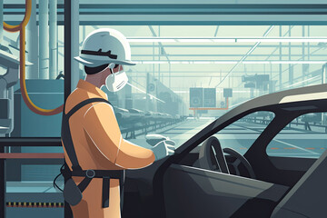 automotive engineer working on a production line, overseeing the assembly of vehicles and ensuring quality control standards are met, Flat illustration