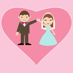 Hochzeit, Wedding,  süße Braut und Bräutigam, einzeln auf weißem, Rosen  Hintergrund, Vektorgrafik