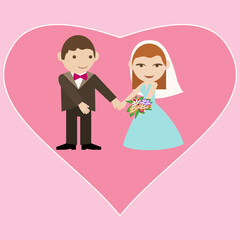 Hochzeit, Wedding,  süße Braut und Bräutigam, einzeln auf weißem, Rosen  Hintergrund, Vektorgrafik