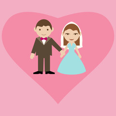 Hochzeit, Wedding,  süße Braut und Bräutigam, einzeln auf weißem, Rosen  Hintergrund, Vektorgrafik