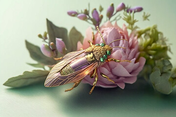 Jewelry golden insect brooch. Realistic background, 3d generative ai illustration