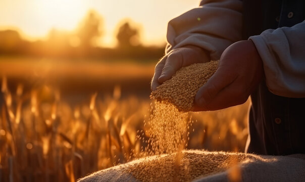 Farmer's hand pouring the dry grain of wheat into the full sack. Ripe field at backdrop at sunset in blur. Generative AI.