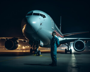 Man in a romper stands near the airplane. Lights of airport at night at backdrop. Generative AI.
