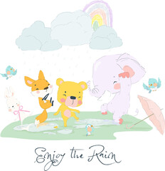 Cute Cartoon Animals enjoying and having fun the Summer Rain. Vector Illustration