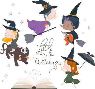 Vector Cartoon Halloween Set with Cute Little Witches