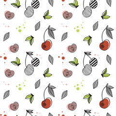 Cherry seamless pattern. Good for textile, wrapping, wallpapers, etc. Sweet red ripe cherries isolated on white background. Vector illustration.