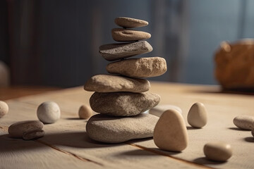Zen stones on empty wooden table in blurred garden background, created with Generative AI