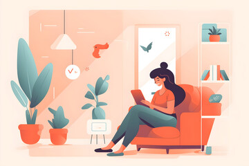 Flat vector illustration Smartphone in hand, woman with social media and communication typing online scroll chat at home. Woman relaxing in living room, technology and...