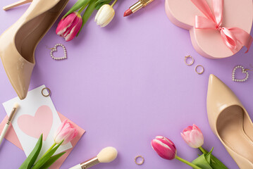 Elegant Mother's day concept. Top view of high-heels, handbag, present box, tulips, lipstick, makeup brush, earrings on pastel violet background with empty space