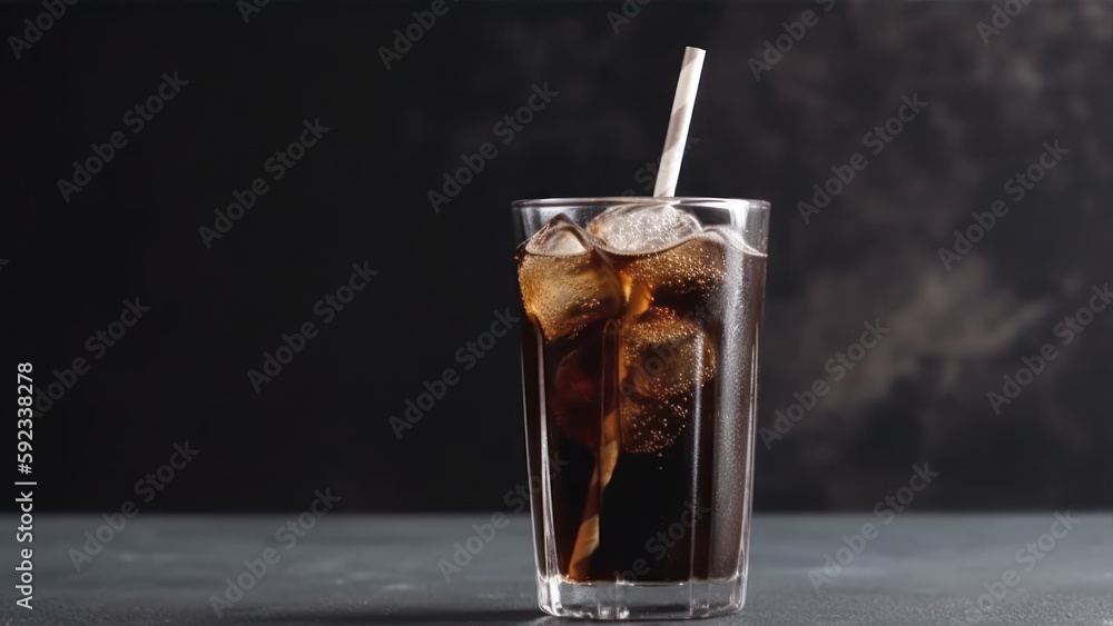 Poster glass of cola with ice cubes and straw on dark background. generative ai