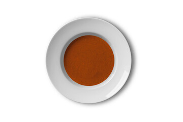 White porcelain plate with tomato soup puree. top view. 3d rendering.