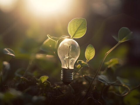 A plant growing from a lightbulb - Unique and creative way to incorporate nature into interior design, while also promoting sustainability and innovation.