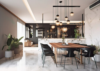 Dining room with the kitchen in the background. Stylish modern dining room with table and chairs. AI generated illustration.
