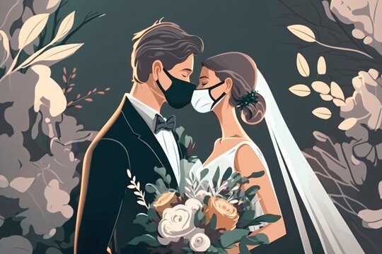 wedding couple with face masks before everyday life, pandemic-proof wedding in flat cartoon style, 2d, fictional person made with generative ai