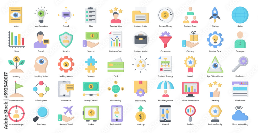 Aufkleber business strategy flat icons productivity management icon set in color style 50 vector icons